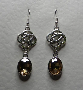 PENDIENTES REDONDOS NUDO CELTA CHAPADOS EN PLATA OSCURA FACETADOS AMARILLO CITRINO VIDRIO OVALADO - Imagen 1 de 6