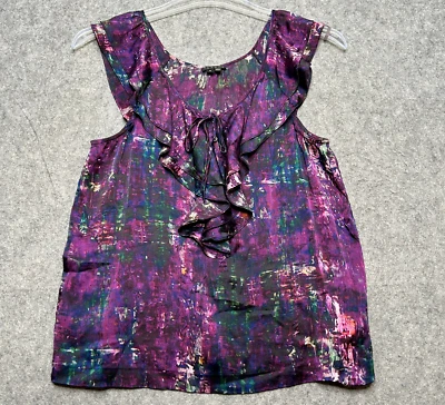 THEORY Tank Top Womens Medium Purple Silk Ruffle Artsy Light Flowy Comfy *FLAW - Image 1 of 4