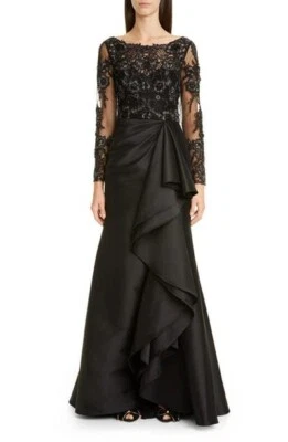 *Badgley Mishka Couture 6 Long Sleeve Lace Gown Keyhole Back Mikado Ruffle New - Image 1 of 4