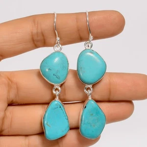 Pendientes colgantes hechos a mano de plata 925 con piedras preciosas turquesa tibetana 2,6" ARE-5855 - Imagen 1 de 3
