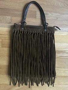Vintage Dark Brown Suede Leather Carlos Falchi Fringe Purse Satchel Boho Bag - Picture 1 of 17