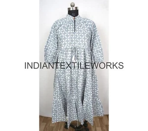 Indisches Damen Baumwollkleid Hand Blockdruck Blume Partykleidung Maxikleid für Mädchen - Bild 1 von 7