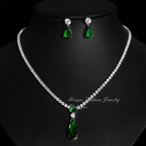 18k White Gold Plated Lab-Created Green Emerald Tennis Necklace Earrings Set - Picture 1 of 2