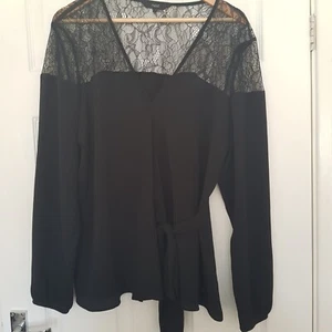 Next Womens Size 22 Black Lacy Top with long sleeves. Faux Wrap over with belt - Picture 1 of 5