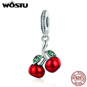 Wostu 925 Sterling Silver Bead Red Cherry Pendant CZ Charm Jewelry For Bracelet
