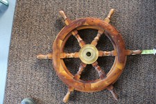 NAUTICAL WOODEN SHIP STEERING WHEEL PIRATE DECOR WOOD BRASS FISHING WALL BOAT 