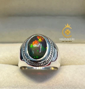Handmade Sterling Silver Ring for Men with Natural Ethiopian Black Opal (B.Gift) - Picture 1 of 6