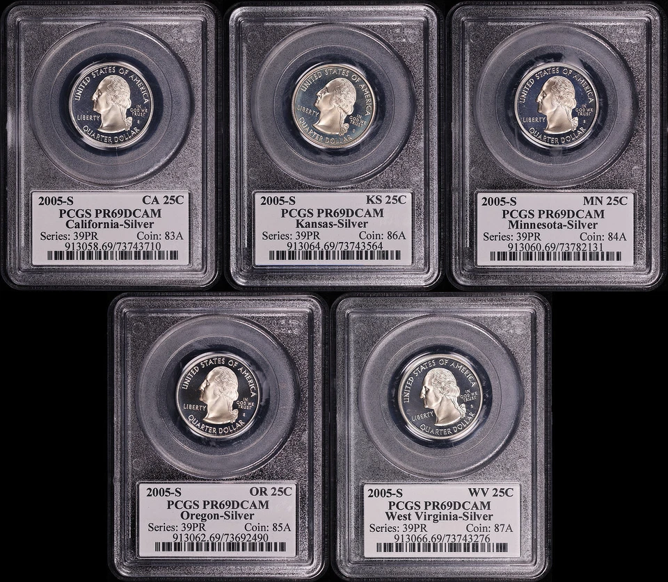 2005-S CA, KS, MN, OR, & WV Silver State Quarter 5 Coin Set PCGS PR-69 DCAM - Image 1 of 2