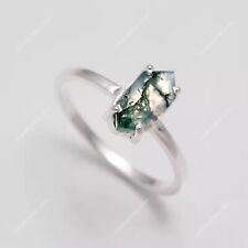 Moss Agate Gemstone Engagement Hexagon Ring 925 Sterling Silver Color