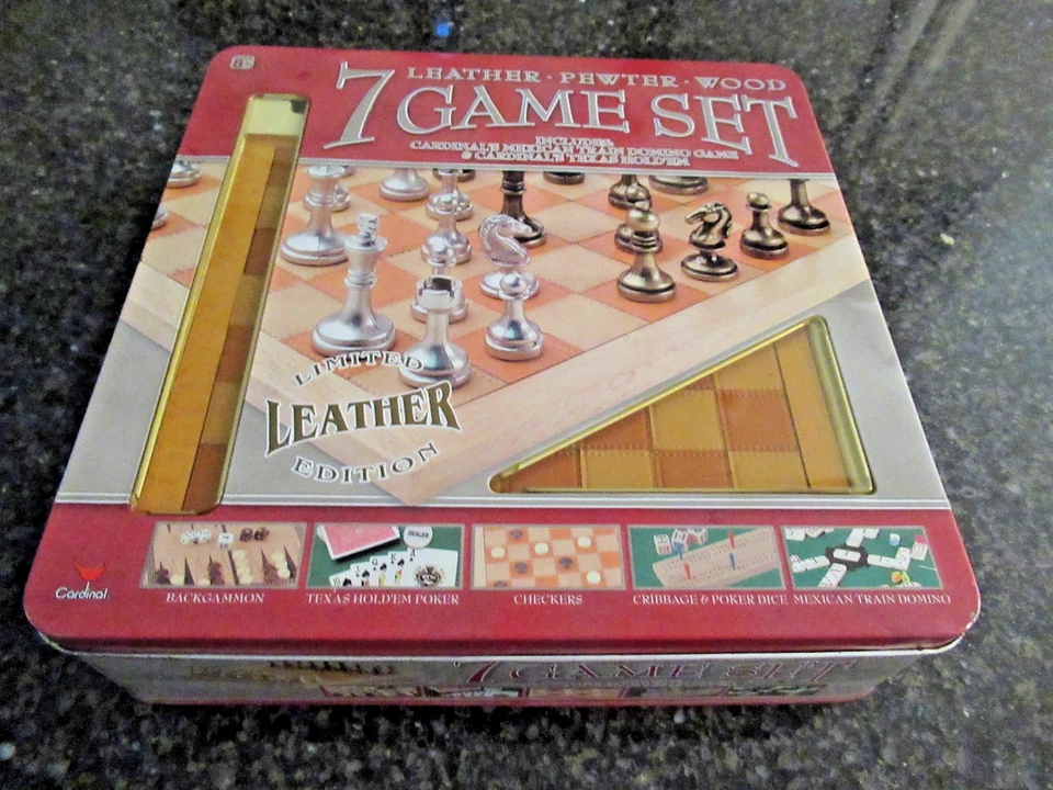 Cardinal 7 Game Set Leather Edition Pewter Wood Poker Backgammon - Image 1 of 1