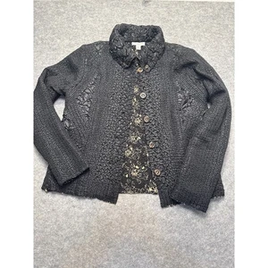 Coldwater Creek Textured Button Jacket Black Crinkle Floral Lined Women’s M - Foto 1 di 5