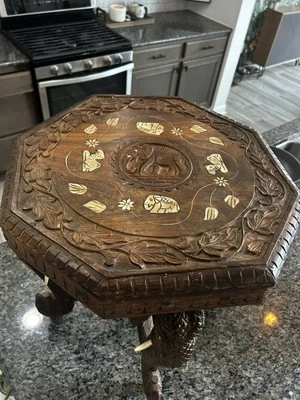 Vintage Hand-Carved Elephant Table – Inlaid Wood, Octagon Top, 16” - Image 1 of 4