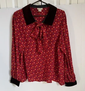 Vintage Jean Halm Damenbluse 14 rot gepunktet 100 % Seide Krawatte Samtakzente - Bild 1 von 16