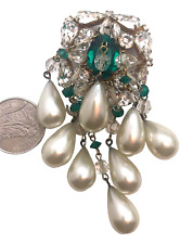 RARE French Opulent Antique Faux Pearl Dangle Rhinestone Encrusted Brooch