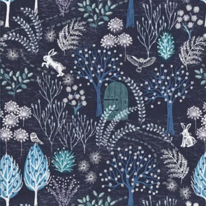 Rabbits Owls Trees on Navy The Secret Winter Garden Quilting Fabric 1/2 Metre - Picture 1 of 1