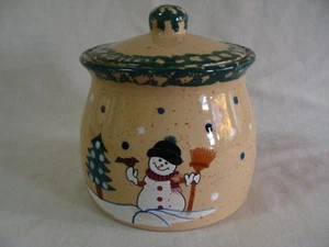 Stoneware Winter Holidays Theme Cookie Jar Canister Country Snowman - Bild 1 von 11