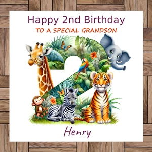 Personalised Safari 2nd Birthday Card, For a 2 Year Old, Jungle Animal Theme - Picture 1 of 4