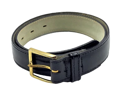 Vintage 90s Shiny Black Leather Boys Belt Brass Buckle 24" Long YK - Image 1 of 4