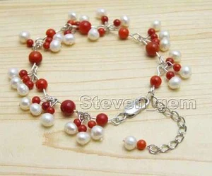 5-6mm White Round Natural Pearl Bracelet for Women 3mm with Red Coral 7-9'' b385 - Picture 1 of 40