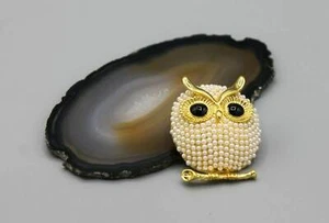 Owl bird pin brooch smart bird nature white pearl yellow gold tone elegant - Picture 1 of 9