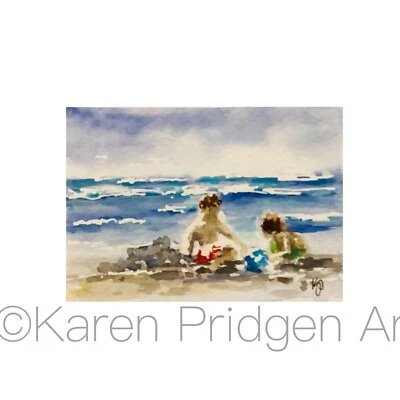 ACEO ATC Pintura Impresión Acuarela Castillos de Arena Paisaje Marino Playa Figuras Firmadas Foto 1 de 2