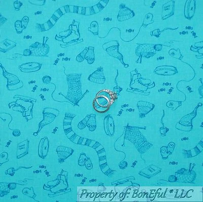 BonEful Fabric FQ Cotton Quilt Blue Knit Yarn Hat Sweater Skate Xmas Farm House - Image 1 of 4