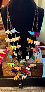 VTG NATIVE AMERICAN 3 STRAND HAND CARVED MULTI STONE FETISH HEISHI NECKLACE 29" - Picture 1 of 21