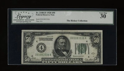 DBR 1928 $50 Cleveland Numeral Fr. 2100-D Legacy 30 Serial D01083538A - Image 1 of 2