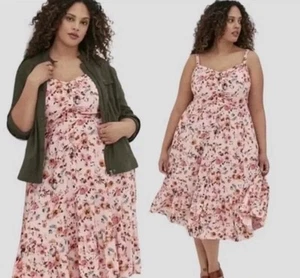 Torrid Midikleid Challis Blumenmuster rosa Knopfleiste Gr. 5, 5x, 28 - Neu mit Etikett neu - Bild 1 von 8