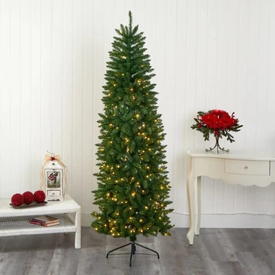 7’ Slim Green Mountain Pine Artificial Christmas Tree with 300 LEDs. Retail $182 - Image 1 of 4