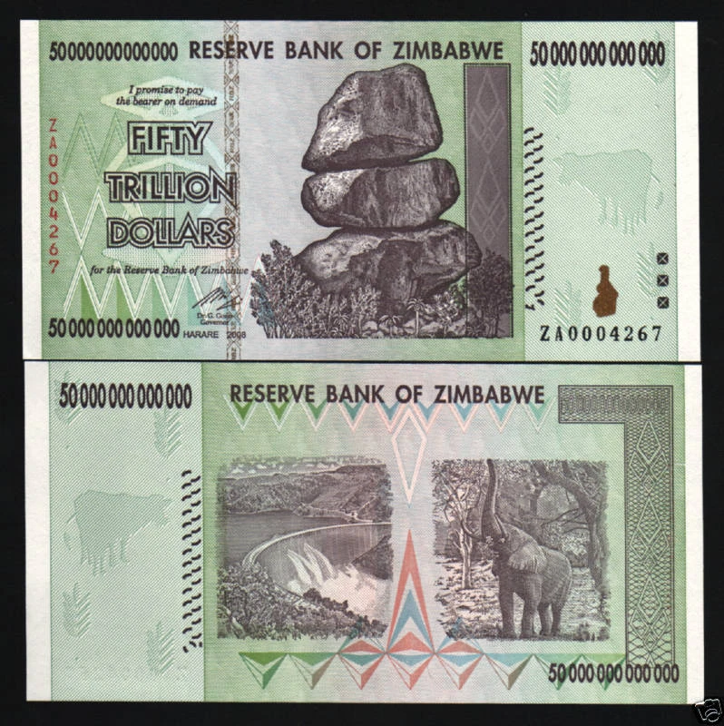 ZIMBABWE 50 TRILLION DOLLARS P-90 2008 *ZA REPLACEMENT ELEPHANT UNC MONEY NOTE - Image 1 of 1