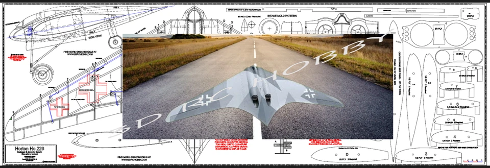 Horten HO IX GO 229 84" Wingspan RC Model Airplane Plans & Templates PRINTED - Image 1 of 1