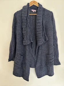 M&S Cardigan Per Una Blue Long Open Front Size Medium Pockets waterfall - Picture 1 of 5