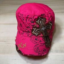 L.O.G.A. Pink Distressed Military Style Strapback Hat with Large Cross One Size