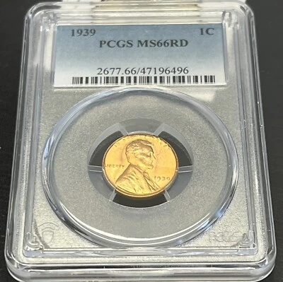1939 LINCOLN WHEAT CENT PCGS  GRADED MS66 RED ACTUAL COIN SHOWN #G334 - Image 1 of 2