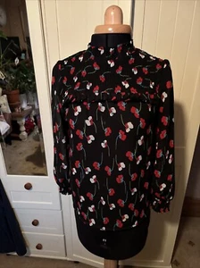 PAPAYA Petite Black Red Floral Chiffon Semi Sheer High Neck Ruffle Blouse Size 6 - Picture 1 of 9