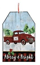 Merry & Bright Christmas Red Farm Truck With Tree Rustic Door Wall Decor 16 x 8