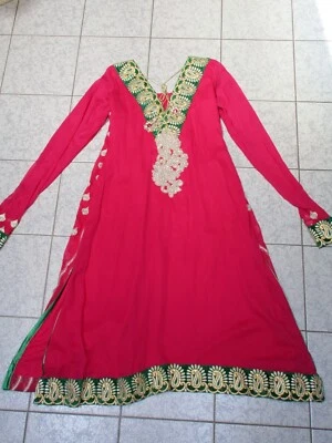 Винтаж? Boho богемный темно-розовый с зеленый пуловер платье туника индийский ручной работы - Изображение 1 из 4