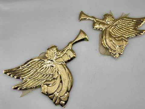 VTG ANGEL w/ Horn Tin Gold Toned Wall Decor Hanging  Set of 2 - Large/Small Cover