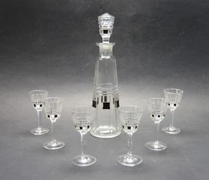 Tschechisches Art Deco Dekanter Set kristallklares Glas schwarz Emaille Dekorationen - Bild 1 von 8