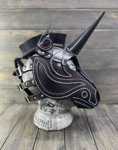 Unicorn genuine leather mask with Transgender Flag Colors Waxed Thread - Picture 1 of 24