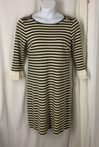 Vestido Talbots M Oliva Marfil a Rayas Plata Botones Detalle Volantes Puños - Imagen 1 de 8