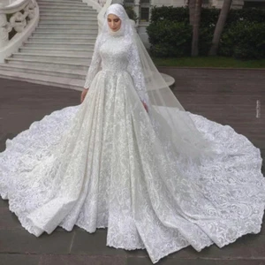 Luxury Muslim Wedding Dresses O Neck Long Sleeve Appliques Bridal Ball Gowns New - Picture 1 of 7