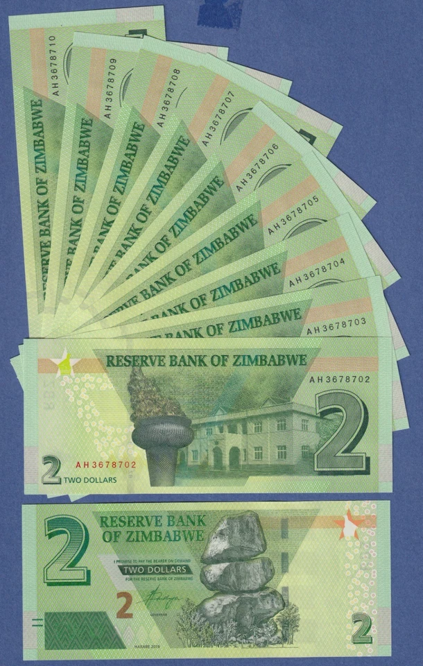 ZIMBABWE 2 DOLLARS, 2019, P-NEW, NEW HYBRID NOTE -  LOT OF 10 NOTES - Image 1 of 1