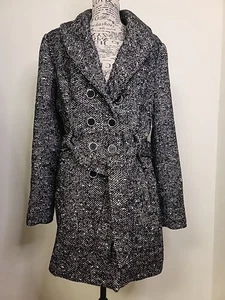 Guess Women's Double Breasted Peacoat Size M Black White Tweed Belt Preppy NWOT - Picture 1 of 11