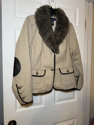 Denim & Co. Tan Tailored Jacket Detachable Fur Collar Brown Contrast NWT Large - Image 1 of 4
