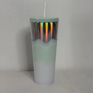 Bicchiere Starbucks 24 oz tazza fredda goccia iridescente menta cannuccia bianca riutilizzabile NUOVO - Foto 1 di 4