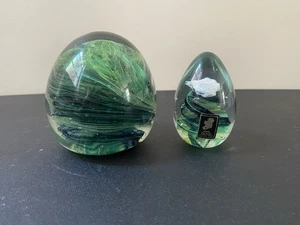 Pair Of Kerry Art Glass Green Swirl Spiral Irish Paperweights Handmade Ireland - Picture 1 of 8