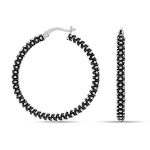 925 Sterling Silver Caviar Round Textured Oxidized Hoop Earrings for Women 35MM - Picture 1 of 8