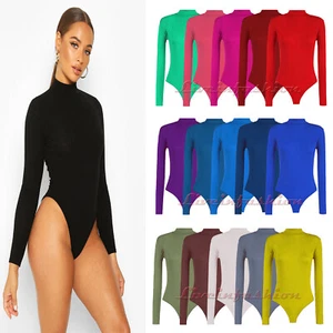 NEW WOMENS LADIES LONG SLEEVE PLAIN HIGH TURTLE NECK BODYSUIT LEOTARD TOP - Picture 1 of 19